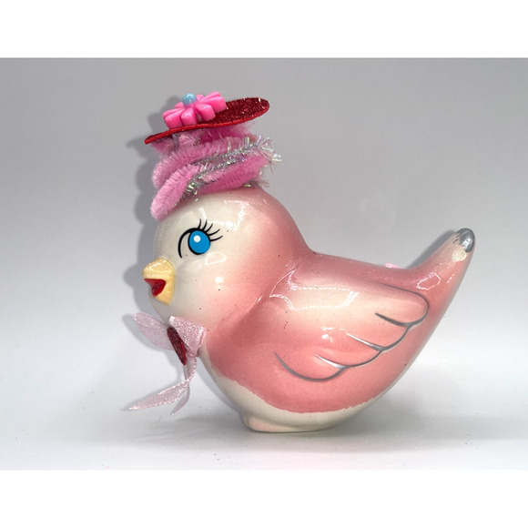 Vintage Pink Ceramic Bird Valentines Day Pink Flower Princess Heart Hat OMG OOAK - Picture 3 of 16